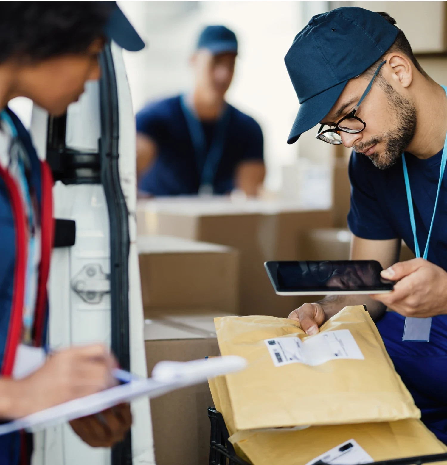 A man in a blue shirt and cap examines a tablet while another man holds a package nearby.