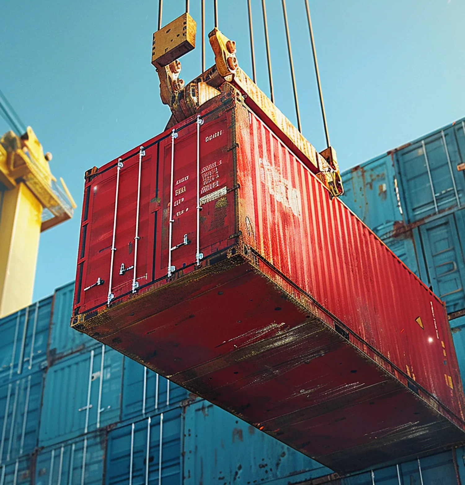 A crane lifts a shipping container from a large container ship at a busy port.